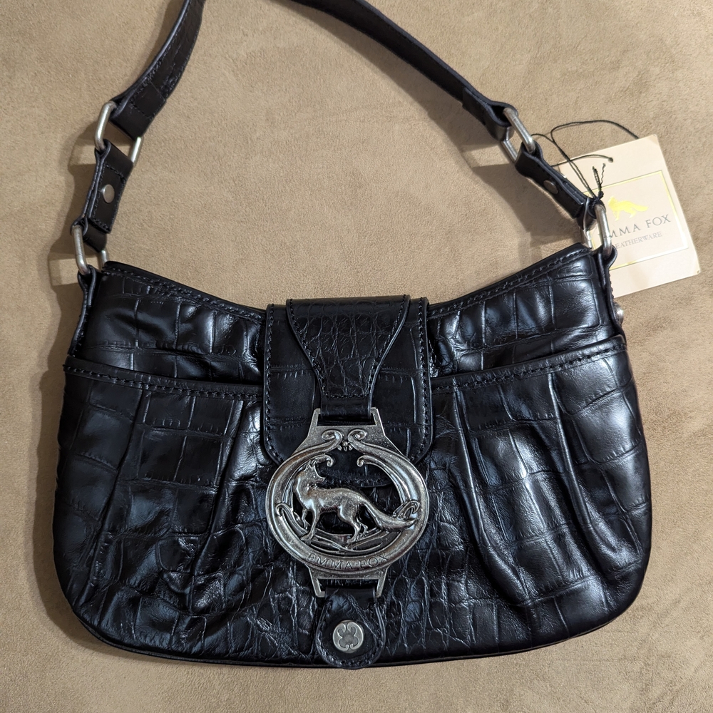 Emma Fox Black Crocodile Embossed Shoulder Bag